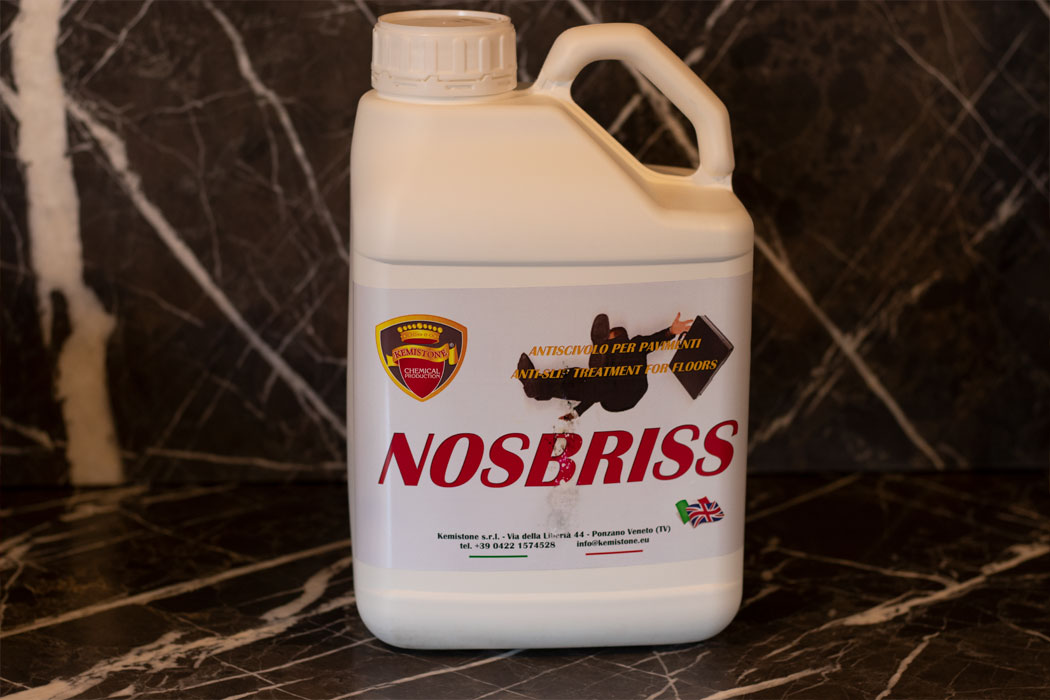 Formulated for the anti-slip treatment of interior and exterior surfaces made of marble, granite, quartz, porcelain, ceramic and enamel. Nobriss will prevent the hazard of slipping caused by water. It does not change the physical appearance of the surface but it can slightly  change its finish. It will not form surface film as it acts directly with the surface of the stone creating microporosity to provide anti-slip when water is present